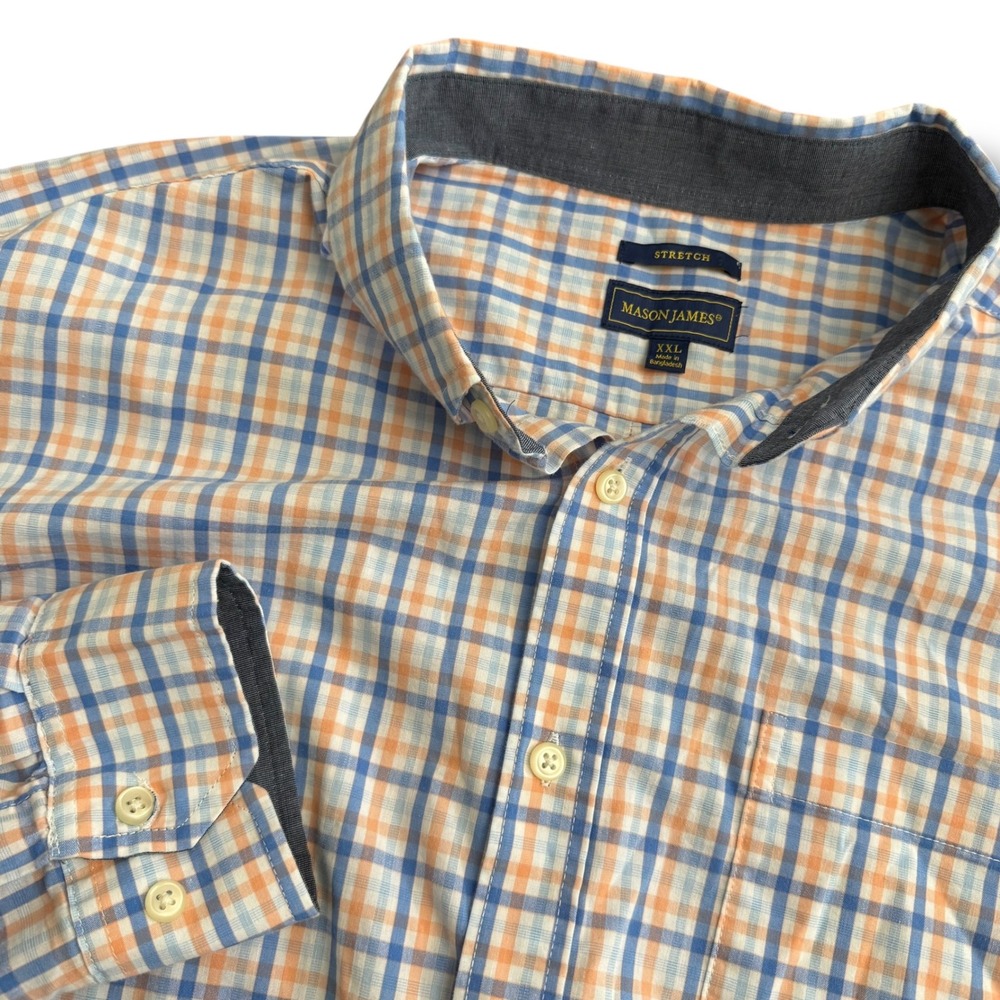 Mason James Mens XXL Plaid Button Down Long Sleeve Stretch‎ Shirt Orange Blue